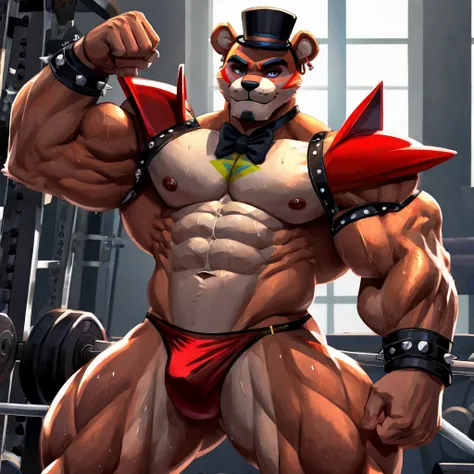 Glamrock overly muscular adult Freddy wears a tiny red thong and shoulder pads of the same color sweaty in the GYM flexing his muscles with a sexy and flirtatious self-confident look