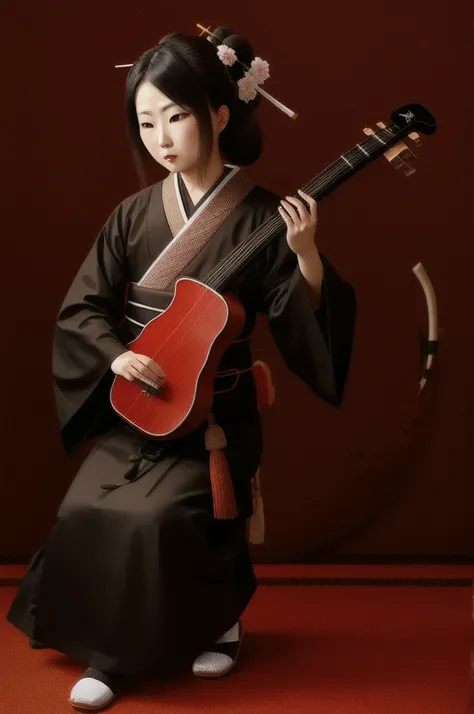 Shamisen, Demon&#39;s eyes, Demon&#39;s horns, White short hair, Black ninja costume, Torii, Man, Full moon, Fangs