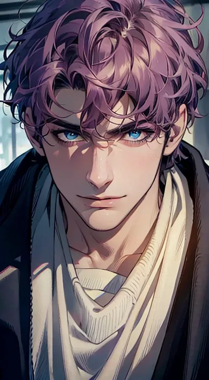 (best quality,4k,8k,highres,masterpiece:1.2),ultra-detailed,(realistic,photorealistic,photo-realistic:1.37),1 man,31 years old,mature man,very handsome,without expression,smile,short purple hair,blue eyes,penetrating gaze,perfect face without errors,imposi...