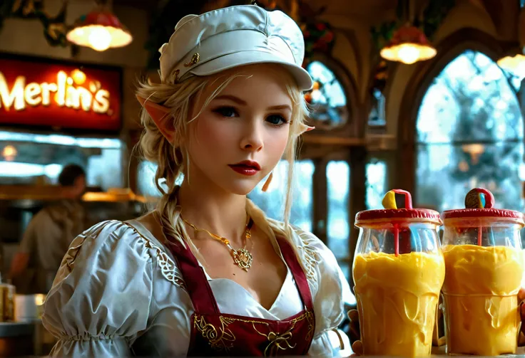 high fantasy, A fantasy fast food worker (elven princess, apron and cap, extreme beauty), working the counter at Merlins . serving magic milkshakes and baskets of fries, show her entire body