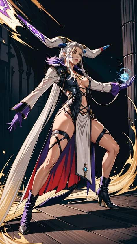 masterpiece, hyperrealistic, best quality, full body image, combat stance, (ultimecia from ffviii), horns, facial markings, white hair, time sorceress ultimecias dress, purple magical energy around her