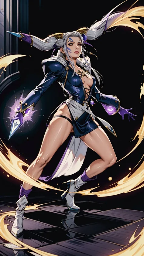 masterpiece, hyperrealistic, best quality, full body image, combat stance, (ultimecia from ffviii), horns, facial markings, white hair, time sorceress ultimecias dress, purple magical energy around her