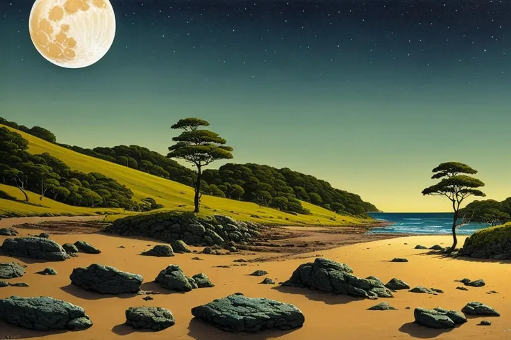 painting of a full moon over a beach with rocks and trees, michael whelan and gustave done, by Eyvind Earle, by Chris Moore, inspired by Michael Whelan, micheal whelan, by Michael Whelan, chris moore”, michael whelan and gustave dore, by Ken Danby, wayne b...