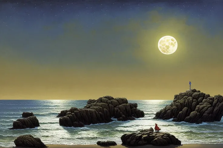 painting of a full moon over a beach with rocks and trees, michael whelan and gustave done, by Eyvind Earle, by Chris Moore, inspired by Michael Whelan, micheal whelan, by Michael Whelan, chris moore”, michael whelan and gustave dore, by Ken Danby, wayne b...