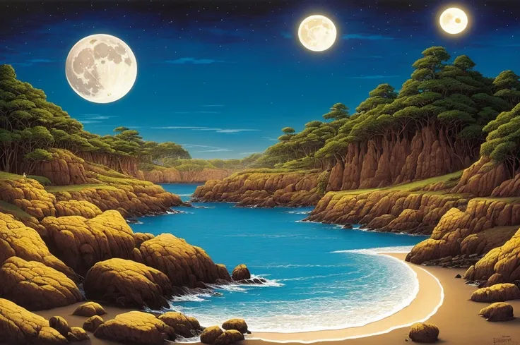 painting of a full moon over a beach with rocks and trees, an airbrush painting by Eyvind Earle, deviantart, fantasy art, michael whelan and gustave done, micheal whelan, chris moore”, michael whelan and gustave dore, wayne barlowe pierre pellegrini, darre...