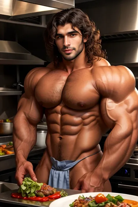 1 sexy brown boy with wavy hair that covers half his face and very handsome, super strong with a lot of muscle., completely naked, use a very small chef&#39;s apron, developer, sexy, oily.