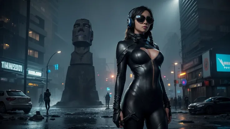 At night, dark sky, gorgeous Woman, (walks In a frozen cyberpunk city in ruins), (Moai-statue). Heavy tropical rain, Head slightly tilted back, leather suit, Distorted Space, Light Shafts, Volumetric Lighting, 4k Rendering, Stock Photo, Realistic Textures,...