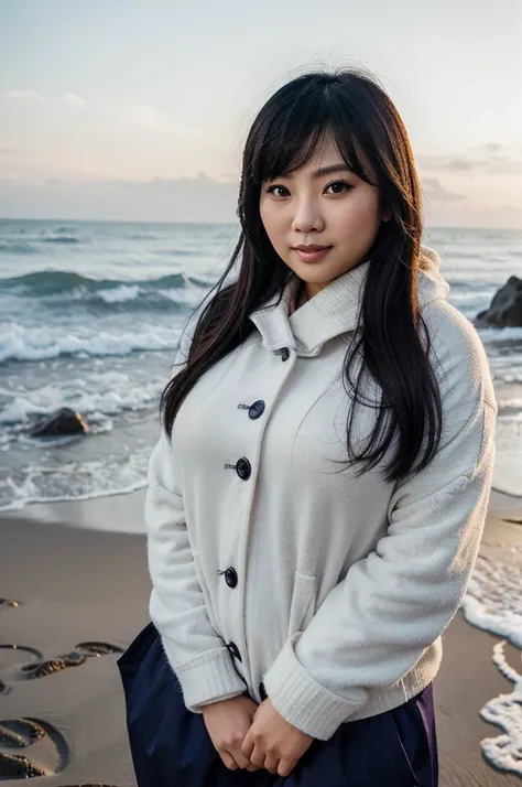 bbw asian woman on beach in the cold winter.