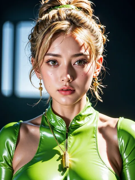 Heres the photorealistic masterpiece you requested:

A close-up portrait of an extremely sexy Italian woman, dressed in a stunning lime green latex cheongsam and hyper-puffy yellow chain swimwear, with twintails blonde hair tied up in an intricate updo hai...