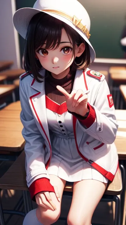 Katoumegumi, Megumi Katou, Brown Hair, short hair, (Brown eyes:1.7), 
break hat, Jacket, Long sleeve, Knee socks, White Hat, white Knee socks, dress, white dress, (red Jacket:1.5), (White Hat:1.5), Open cardigan, Open clothes,
break looking at viewer,
brea...