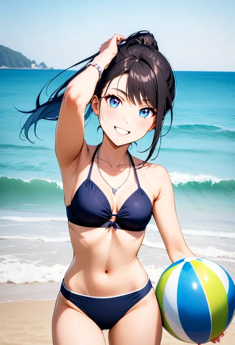 A young woman, 19-years-old, solo, Caucasian, black hair, cyan hair, gradient hair, ponytail, two-tone hair, blue eyes, cheerful smile, mature face, dark blue bikini top, dark blue bikini bottom, midriff, holding a beachball, beach, thin silver necklace, w...