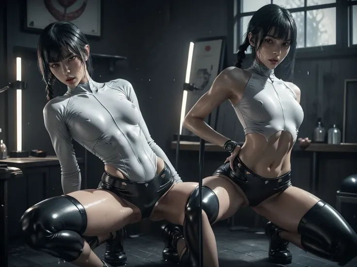 short hair with bangs, ((short skirt)) (((Slutty skintight cybernetic Full AI skin and anatomy))), ((slutty braided hair)), ((She is in your bedroom, slutty )), Perfect back view of her tight butt, full body picture, she is a seductive slut, Perfect propor...