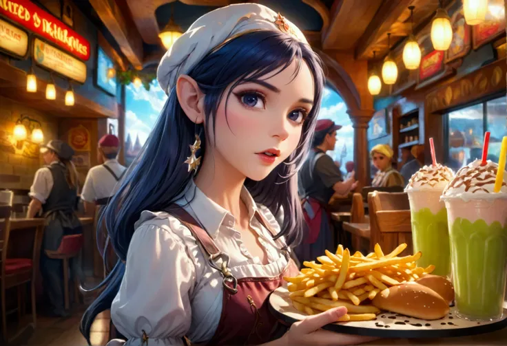 A beautiful elven princess working as a fast food server at Merlins, wearing an apron and cap, serving magic milkshakes and baskets of fries, high fantasy, extremely detailed, intricate details, photorealistic, 8k, dramatic lighting, vivid colors, cinemati...