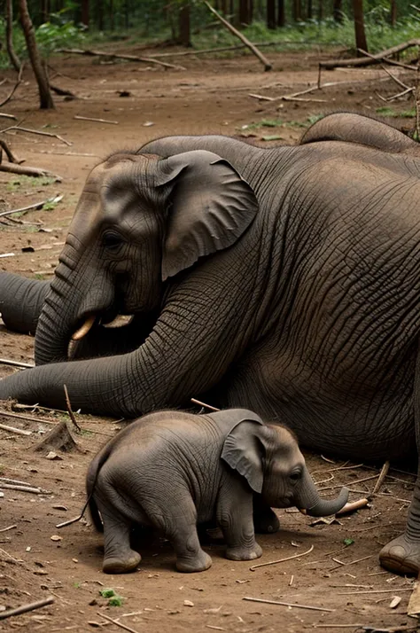 A baby elephant having a nap  with a  in the forest