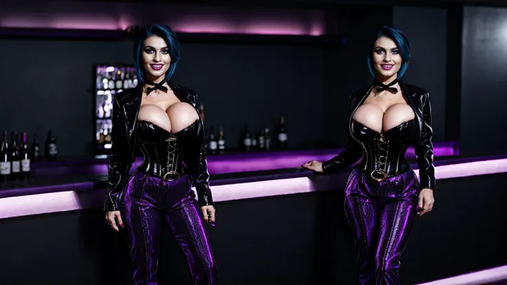 jinx, blue hair, blue leahter corset, black jacket, big breast, purble tight leahter Trousers, purple belt, black long high heels boots, standing in nightclub bar