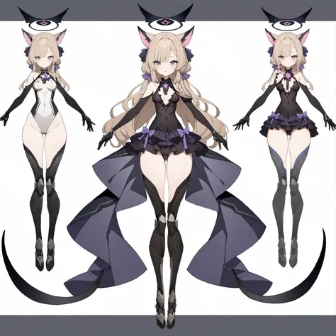 woman 170 cm tall. medium chest, wide hip, slim build, ((whole body)). (((character design sheet: front view))). (dark blonde hair, (hip-length wavy hair with asymmetrical bangs), She has a short braid tied with an elegant purple bow on the left side of he...