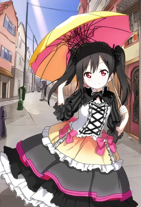 Yazawa Nico　Black Hair　Red Eye　Twin tails　Pink hair ribbons on both sides　white gothic  fashion　Gothic Lolita style parasol　Urban Scene　smile　Smaller breasts　Shining　sun　One Girl