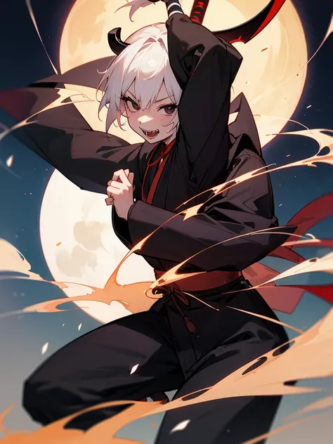 Shamisen, black eyes, demon horns, short white hair, ninja costume, torii gate, man, full moon, fangs
