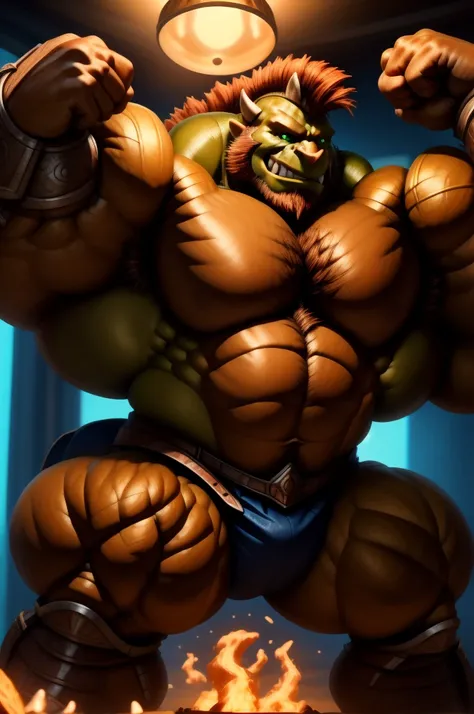 green hyper muscular orc warrior wearing battle armor, bara chest, braided ginger beard, mohawk, aggressively flexing, most muscular pose, detailed skin, skin blemishes, lighting should be warm and inviting, casting a soft glow and highlighting the rich co...