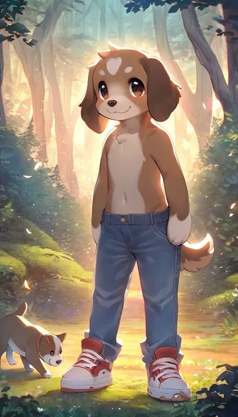 Highest quality, masterpiece, Cute brown puppy, Trainers and jeans、Are standing, Fantasy forest world, A gentle glowing image effect，whole body