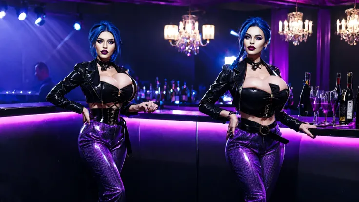 jinx, blue hair, blue leahter corset, black jacket, big breast, purble tight leahter Trousers, purple belt, black long high heels boots, standing in nightclub bar