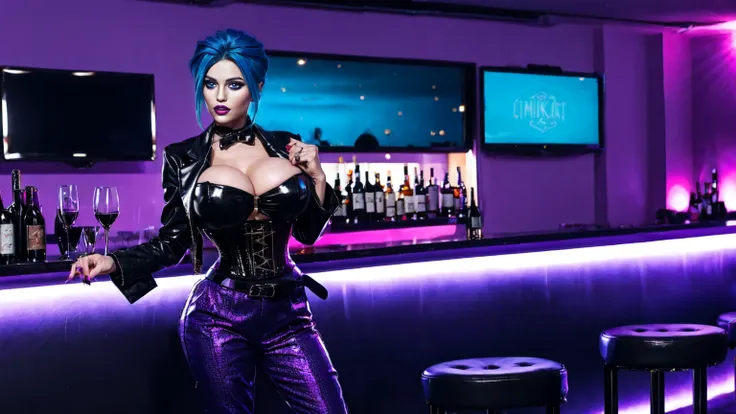 jinx, blue hair, blue leahter corset, black jacket, big breast, purble tight leahter Trousers, purple belt, black long high heels boots, standing in nightclub bar