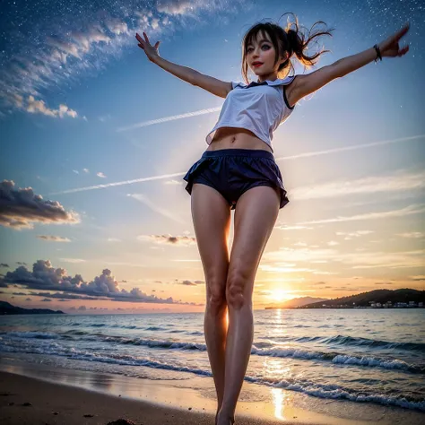 ManoErina, awaitingtongue, ((ExtremelyDetailed (12 PICHIPICHI KAWAII Girls Floating in The Air in a row:1.37) in WHITE at Dusk Enoshima Beach)), (masterpiece 8K TopQuality) (ProfessionalPhoto:1.37), {(Standing Full Body:1.2)|(from below:1.2)}, Different ty...