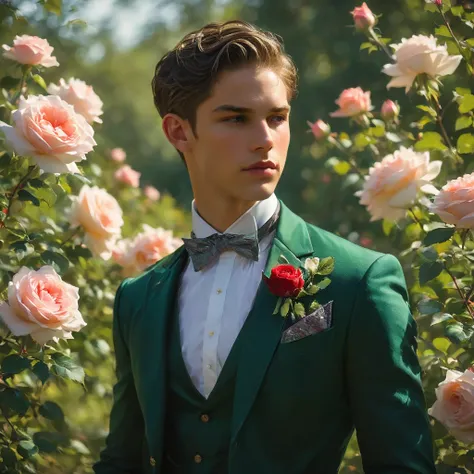 create an image of a young man inspired by the characteristics of the rose 'the prince.' he standing with a relaxed yet confiden...