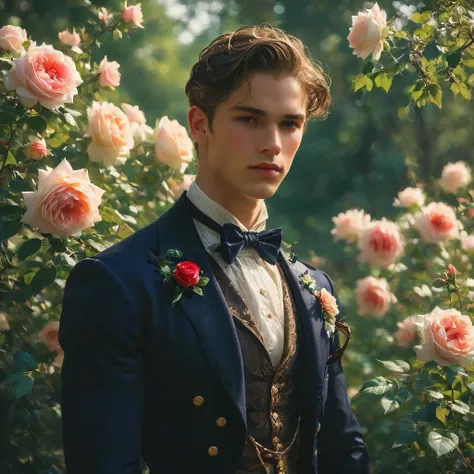 create an image of a young man inspired by the characteristics of the rose 'the prince.' he standing with a relaxed yet confiden...