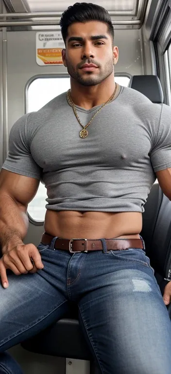 a indian latino sexy young boy with a girl is sitting on seat in metri train, gigachad muscular, beefy, mid-shot of a hunky boy, strong and imposing, exaggeratedly large physique, juicy meat, tall and muscular, detailed veiny muscles, sexy muscular body, m...