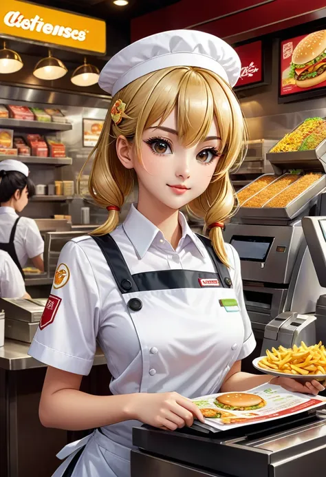 
             Cute charming anime girl wearing white fast food uniform(Fast food clerk) There is a cash register in front of work in a fast food restaurant with a hand holding an order form. There are rich healthy side dishes around the cash register. The ...