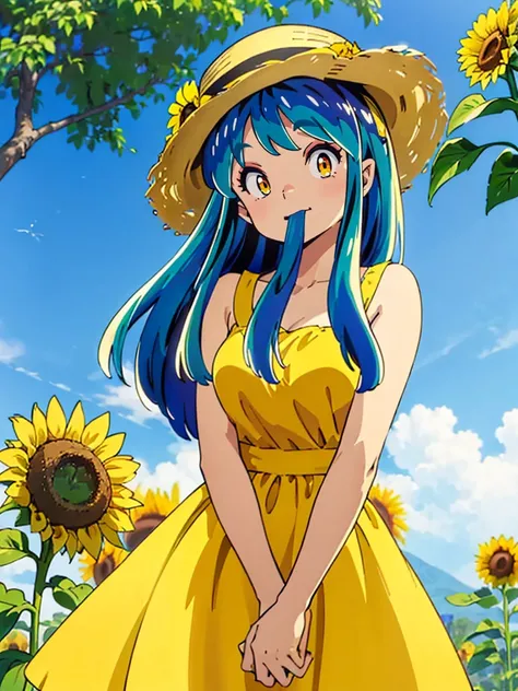 (masterpiece、Highest quality)、1 Girl、Lum, Yellow dress, White straw hat、 Hold the hat in your hand、Squint your eyes and laugh、 Laughing with your mouth open、 Sunflower field、Are standing、 From below、 Gaze Here、 High definition