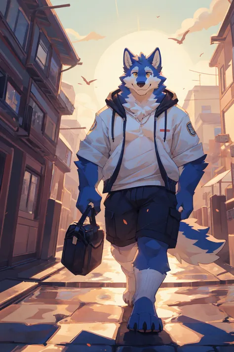 Best quality, Professional, Vivid Colors, (establishing shot:1.3),

wolf, Muscular male, kemono, by bigcozyorca, Solo, grey Fur, white body, golden eyes, pectorals, (detailed face, detailed eyes:1.5),  

open hoodie, shorts, white socks, joyful smile, walk...