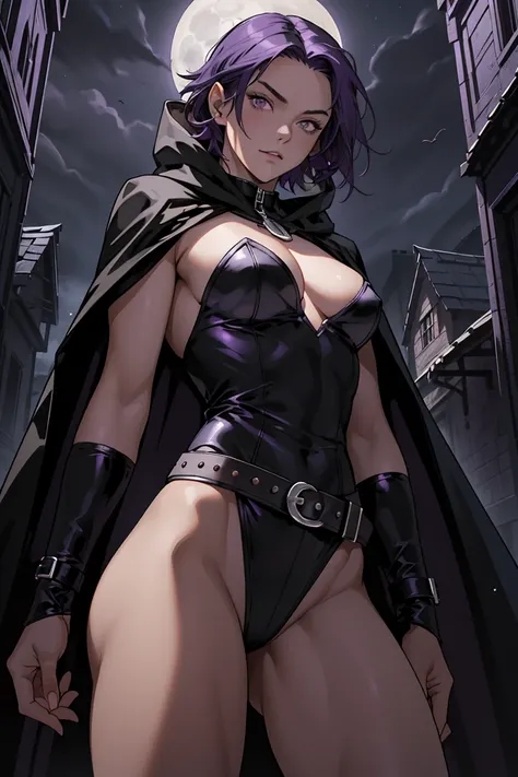 1 girl, Cuervo, black leotard, black cape, hood, purple hair, forehead jeinel, purple eyes, short hair, belt, tight skin, standing, neckline, toned, breasts, pose, evening, Moonlight, ((posing)), lines of movement, torso, upper body, portrait, b&in. descri...