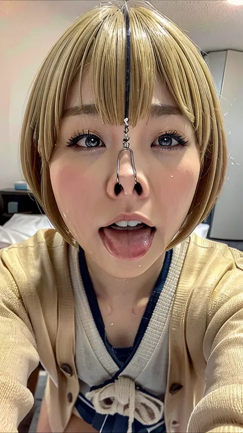 Beautiful Japanese actresses,girl,flying debris,Award-winning photo,Very detailed,Face Focus,Big double eyes,(Woman with open mouth and closed eyes ),18-year-old,(Blonde,Short Bob,Wolf Cut,Shaggy),Shiny skin,(((Face close-up))),Realistic nostrils,Long and ...