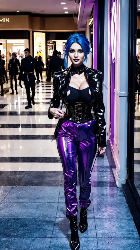 jinx, blue hair, blue leahter corset, black jacket, big breast, purble tight leahter Trousers, purple belt, black long high heels boots, walking in a mall