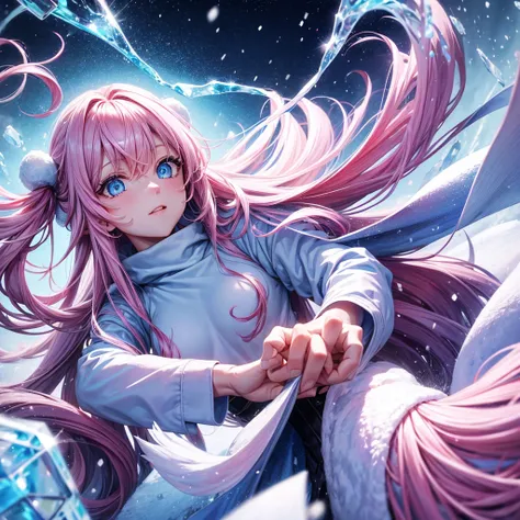  blue-eyed long pink hair in the snow with ice powers