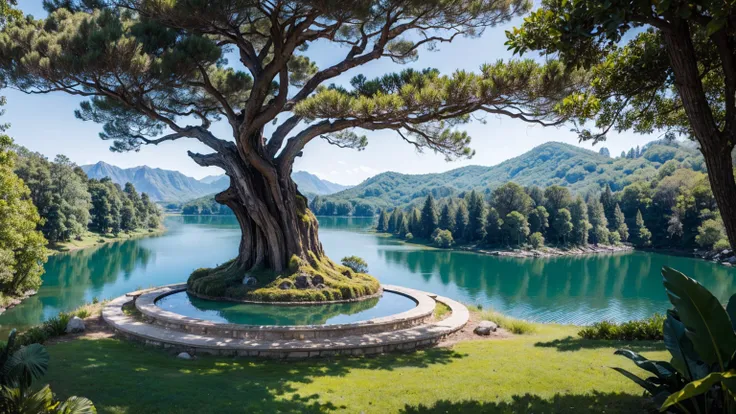 The enormous world tree,Remains,Large Lake,Vast Nature,Mystical Gemstones,altar,boundary line