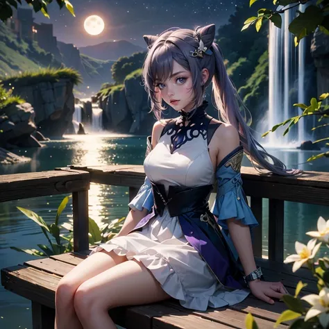 1 girl, lake scene, seat on the water, white dress, gold details on her clothes, waterfall, white flowers on focus, full moon, purple hair, short skirt, night, flowing hair, crystals, sparkles, firefly