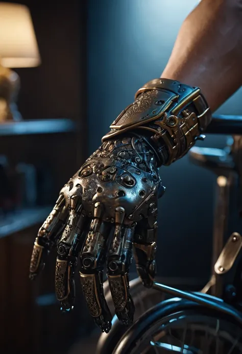 A disabled person using a prosthetic hand, highly detailed, photorealistic, cinematic lighting, stunning details, digital art, masterpiece, 8k, ultra-detailed, hyper-realistic, intricate details, dramatic lighting, incredible realism, seamless blend of org...