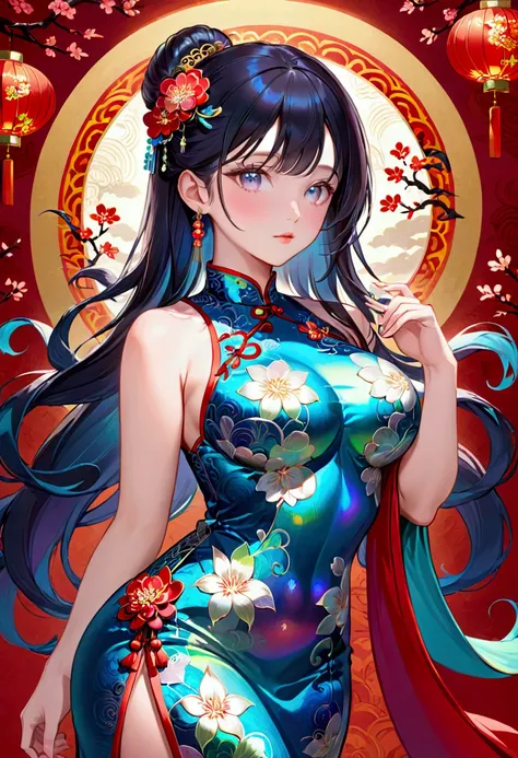 Girl, long dark iridescent hair, iridescent eyes, large body proportion except waist and breast that are small, cheongsam