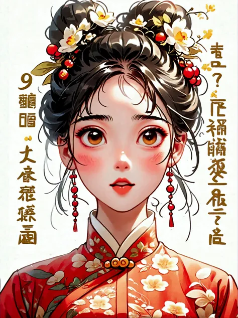 Cute and humorous Q version Chinese girl，big eyes，bust，sticker，6 different facial expressions，expression board，Various poses and expressions，Anthropomorphic style，Ancient and classic style，Showing a variety of emotions，Cartoon illustration，Vector illustrat...