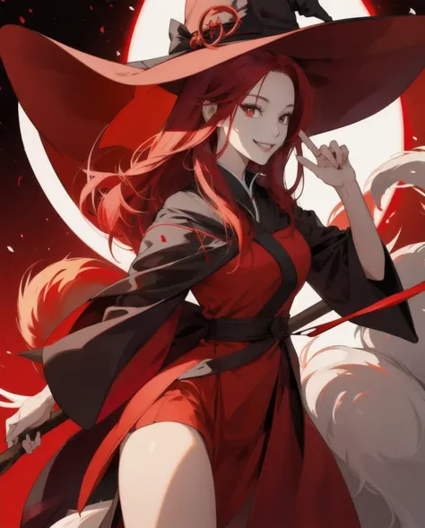 top-quality、９Tailed fox、Woman with a serius smile、1girl、red color hair、Crosbow in hand、big witch hat