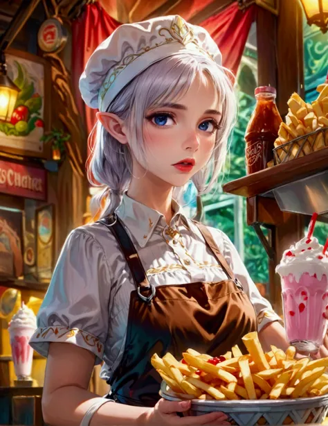 A beautiful elven princess working as a fast food server at Merlins, wearing an apron and cap, serving magic milkshakes and baskets of fries, high fantasy, extremely detailed, intricate details, photorealistic, 8k, dramatic lighting, vivid colors, cinemati...