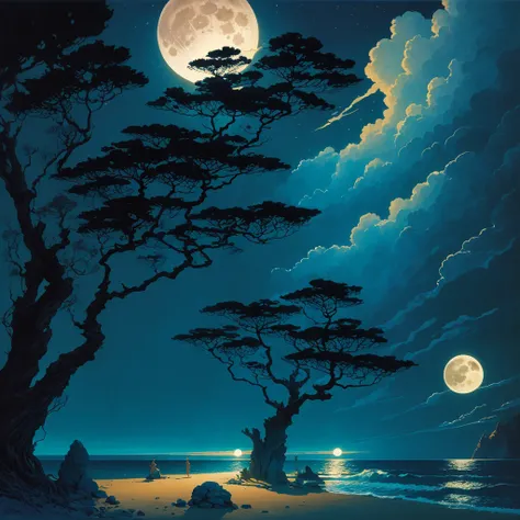 painting of a full moon over a beach with rocks and trees, michael whelan and gustave done, by Eyvind Earle, by Chris Moore, inspired by Michael Whelan, micheal whelan, by Michael Whelan, chris moore”, michael whelan and gustave dore, by Ken Danby, wayne b...