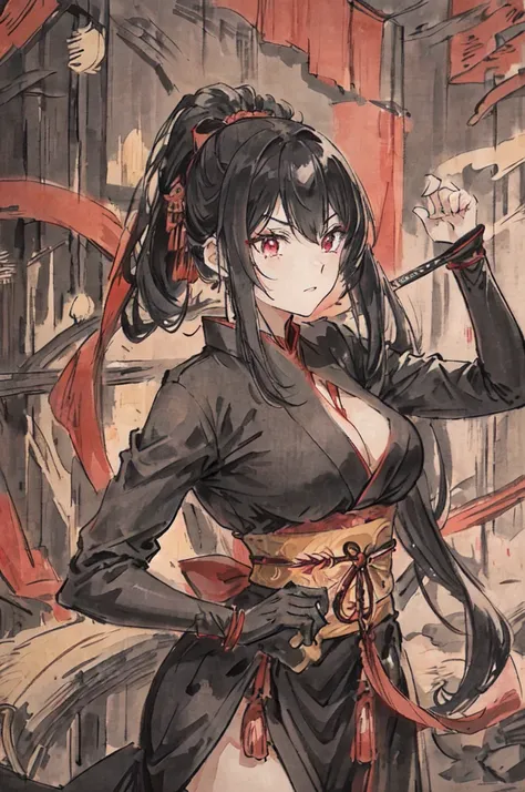 shuimobysim, masterpiece, Best quality, Drawing of a black-haired futuristic female ninja illustration, 1girl, breast, Dressed in sophisticated modern ninja costumes，Equipped with traditional and technological weapons. She has long black hair，Tied with a r...