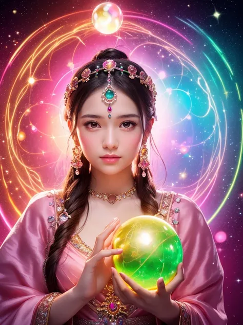 Shining young woman decorated with various gems, holding one huge crystal ball in the center with both hands, staring straight into the camera, very bright colors in the center, light particles, glowing, Musib, wallpaper art, UHD wallpaper, background pink...