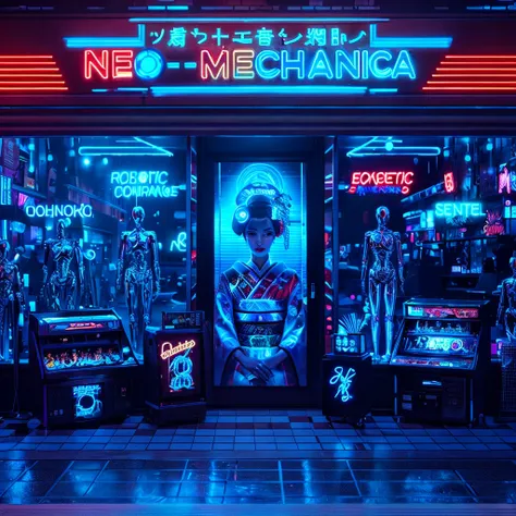 A neon-lit retrofuturistic street, Neo-Mechanica shop, robotic geisha mural, chrome mannequins, vintage arcade cabinets, robotic companions, checkerboard floor, robotic DJ, cybernetic humans and robots, cybernetic clerk, clanking metal, holographic price t...