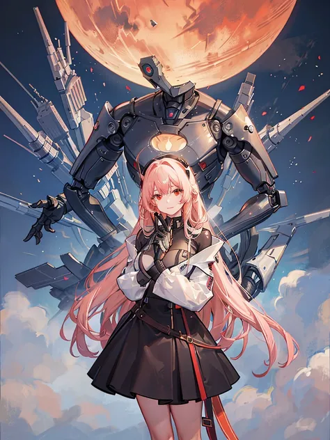 1 robot girl, android, robot style fingers, robot style legs, humanized android, looks perfectly like human being, beautiful girl, wearing scientist clothes, white coat, rose gold hair, shoulder length hair, straight hair, fiery red eyes, smiling mysteriou...