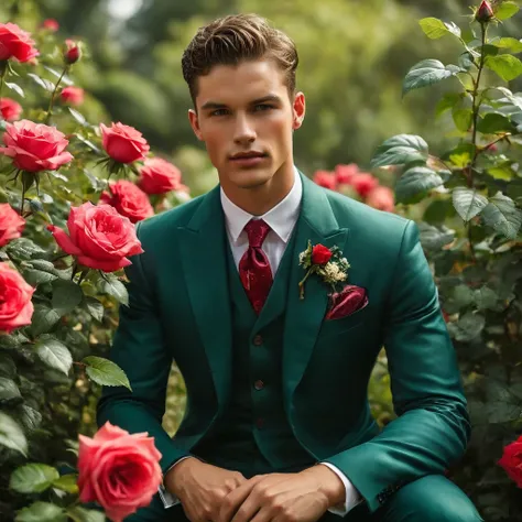 create an image of a young man inspired by the characteristics of the rose 'the prince.' he standing with a relaxed yet confiden...